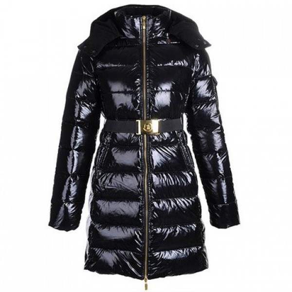 Moncler lungo nero Mock colletto e cintura caldo Cappotti uscita